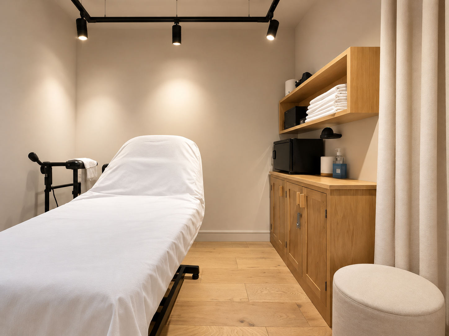 Enhanced view of the actual Laqué treatment room, with its white bed and light oak cabinetry