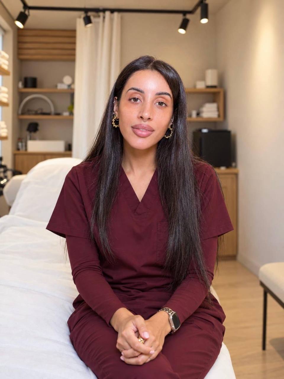 Enhanced professional portrait of Valentina in burgundy scrubs with matching long undersleeves in the Laqué clinic